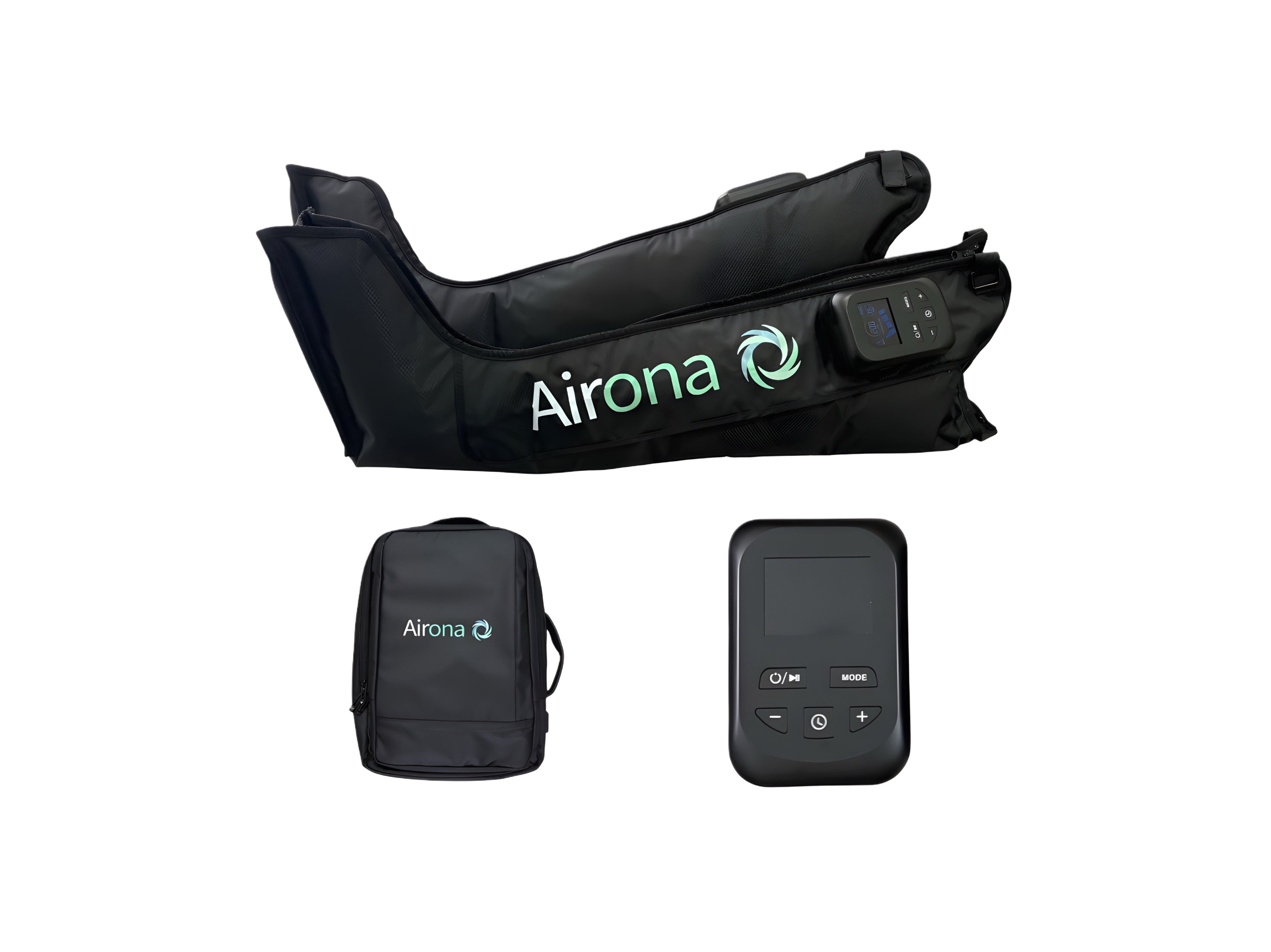 Kit complet de bottes de pressothérapie Airona : deux bottes noires, sac de transport et télécommande de contrôle.