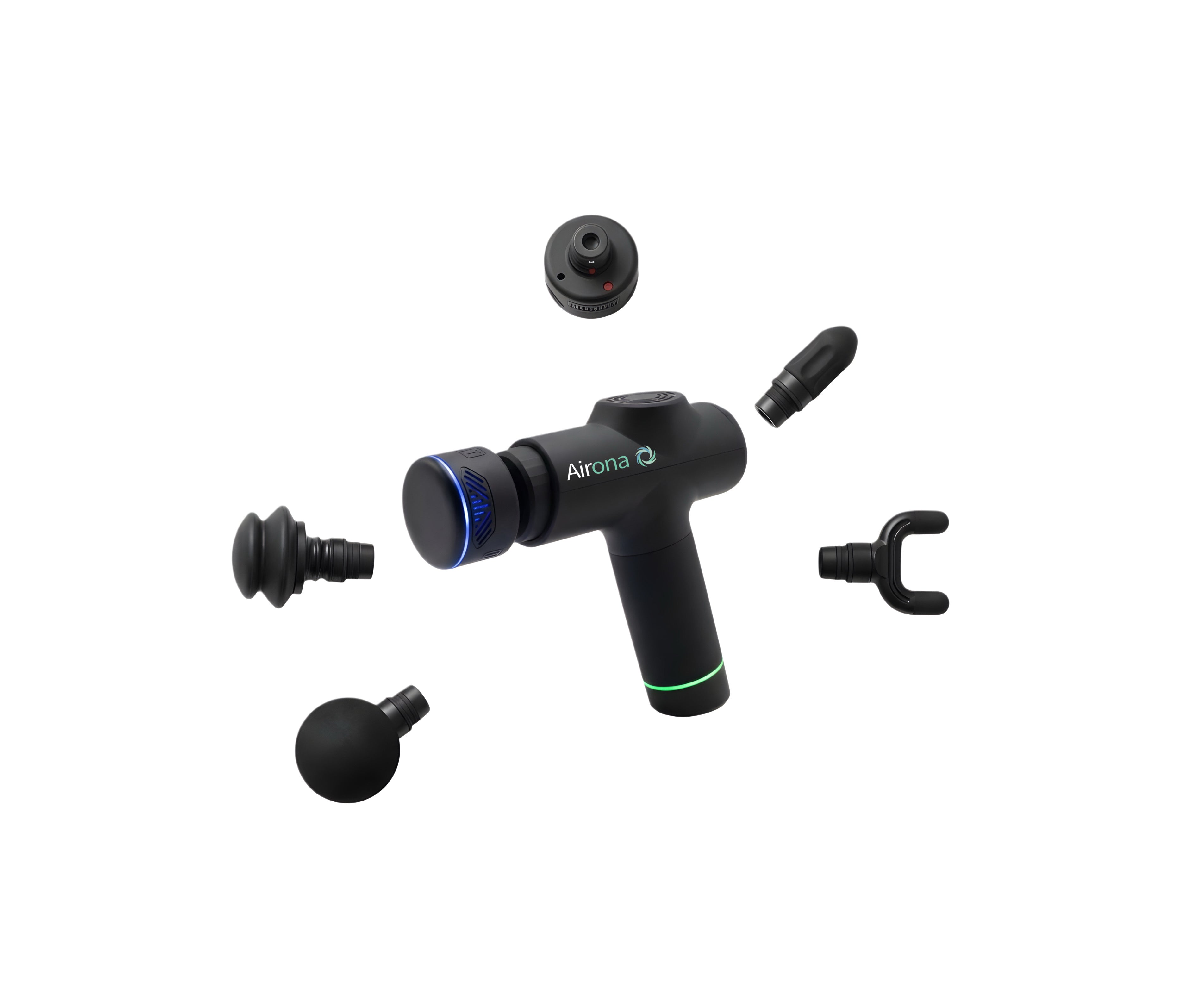 Pistolet de massage musculaire Airona noir avec ses 5 têtes interchangeables dont une tête thermo chauffante.