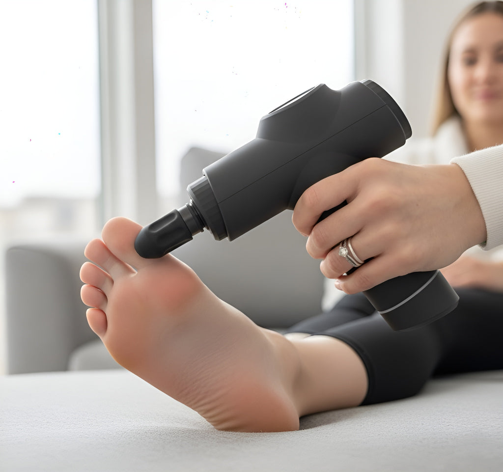 Utilisation du pistolet de massage Airona avec la tête cylindrique pour un massage ciblée de la plante du pied.